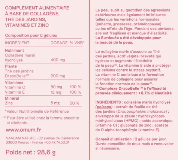 La Surdouée - Complément Alimentaire au collagène marin - Elasticité, hydratation beauté de la peau - Compatible grossesse et allaitement, sans gluten ni gélatine - 60 gélules 1 mois de cure 60 unité (Lot de 1)