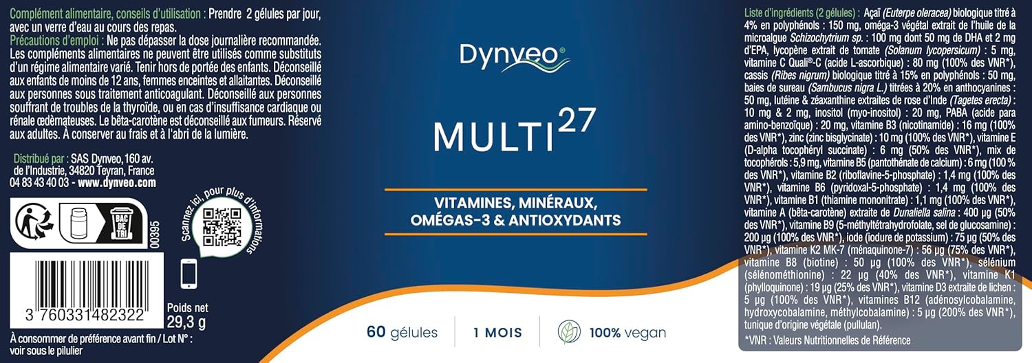 Multivitamines Multi27-60 Gélules Vegan - Avec Oméga-3, Vitamines, Minéraux & Antioxydants - Synergie pour l'Énergie, l'Immunité – 27 Actifs pour un Équilibre Optimal - Dynveo
