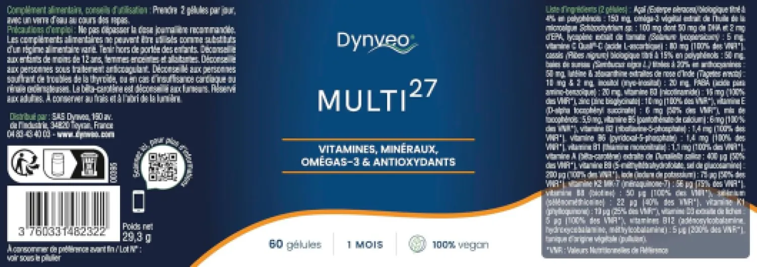 Multivitamines Multi27-60 Gélules Vegan - Avec Oméga-3, Vitamines, Minéraux & Antioxydants - Synergie pour l'Énergie, l'Immunité – 27 Actifs pour un Équilibre Optimal - Dynveo