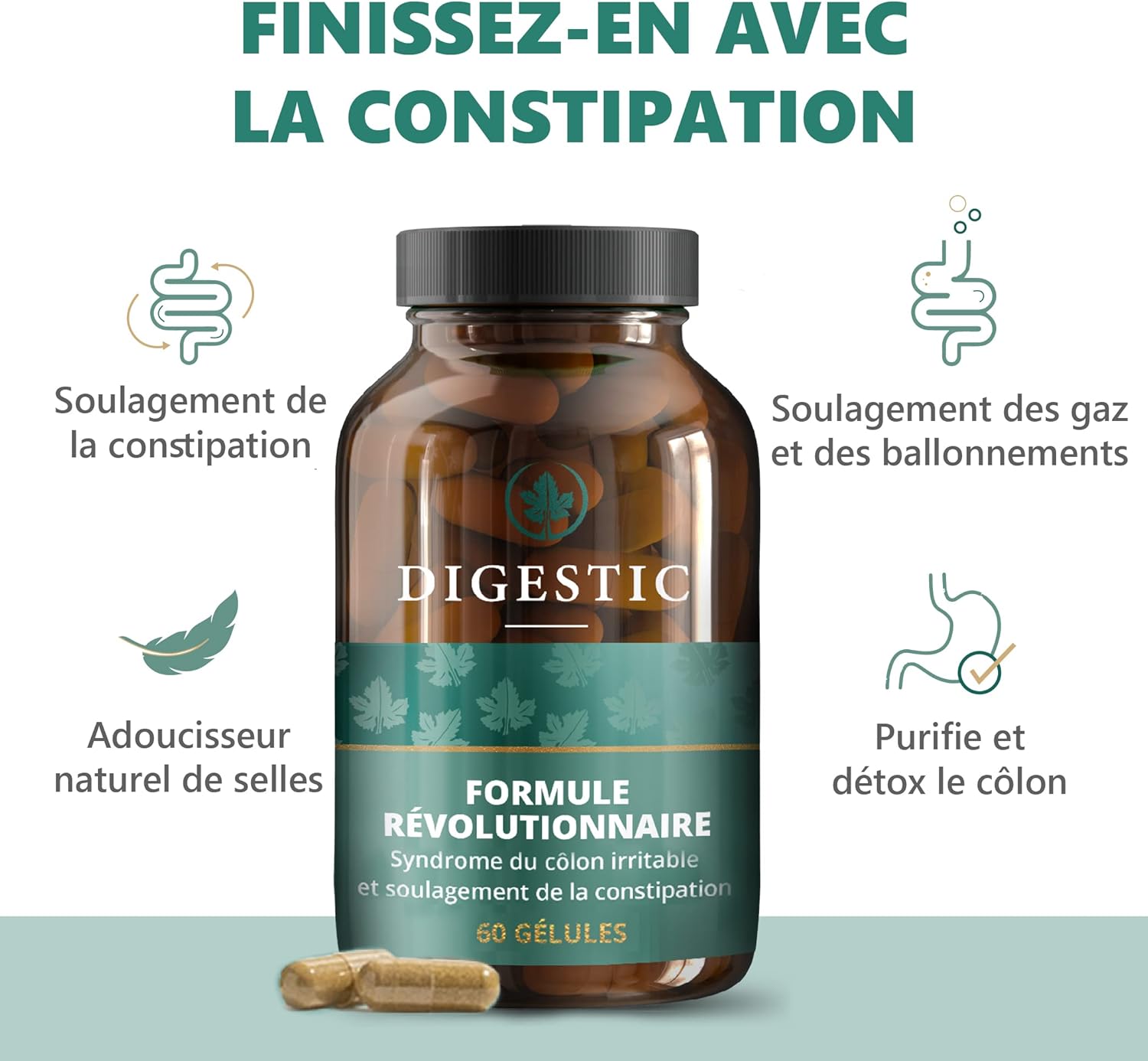 Laxatif contre la constipation, ramollit les selles, 100% naturel, 60 capsules, Nettoie, Detox purifie le colon, Soulage les ballonnements et les gaz - 1 Bouteille de 60 gélules