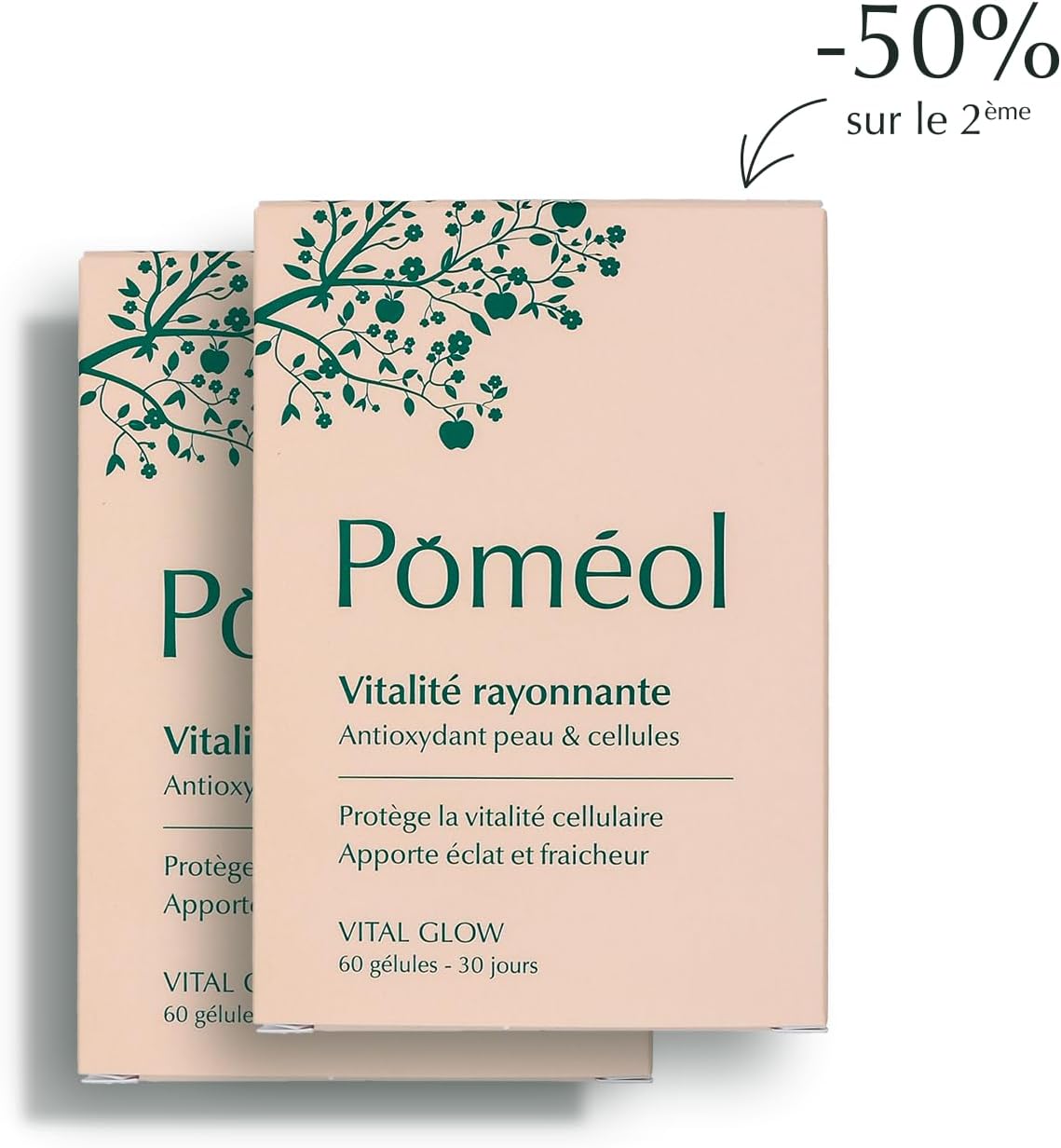 POMÉOL ǀ Complément Alimentaire éclat du teint ǀ Vitalité Rayonnante - Vital Glow ǀ 2 x 30 Jours ǀ 2 x 60 gélules ǀ Vit B3, B8, C, E, Sélénium, Cuivre.