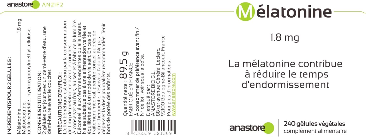 MÉLATONINE * 1.8 mg / 120 doses * Sommeil * (1 dose = 2 gélules) * pour réduire le temps d’endormissement - 240 Unité (Lot de 1)