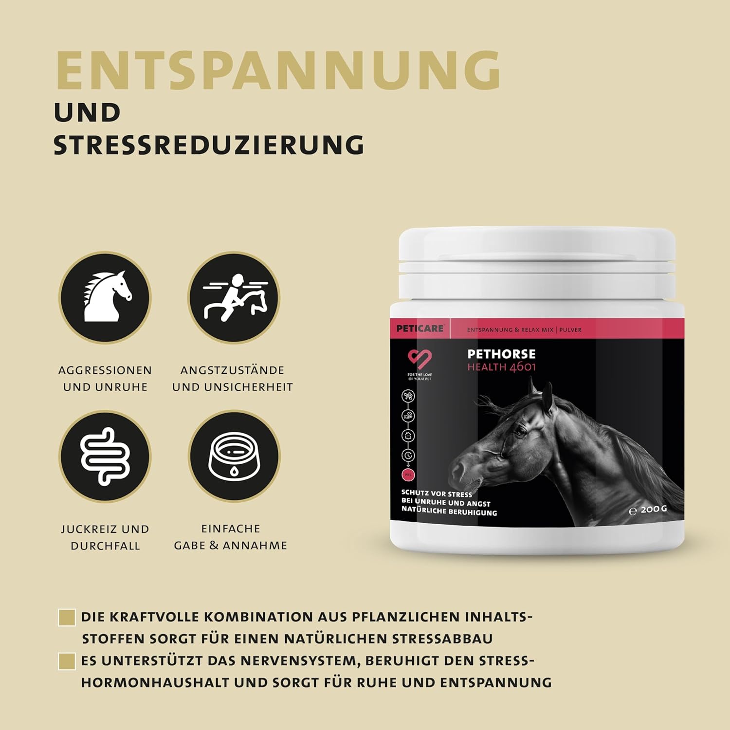Mélange Relaxant en Poudre pour Chevaux - Complément Alimentaire Apaisant - Ingrédients Naturels avec Valériane & Ashwagandha - Réduction du Stress & Détente - petHorse Health 4601 200 g