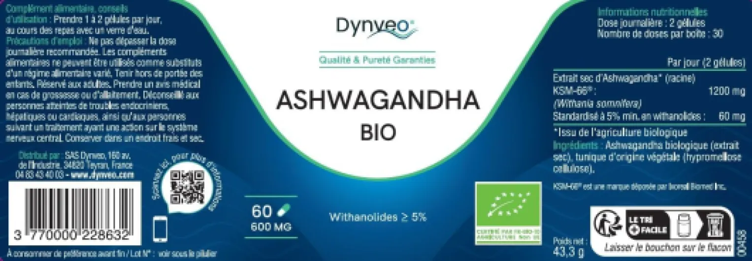 Ashwagandha BIO KSM-66 - Haute Concentration - Withanolides 5% - Stress, Énergie & Sommeil - Complément Alimentaire Naturel - Plante Adaptogène - 60 Gélules (1 à 2 mois) - Dynveo