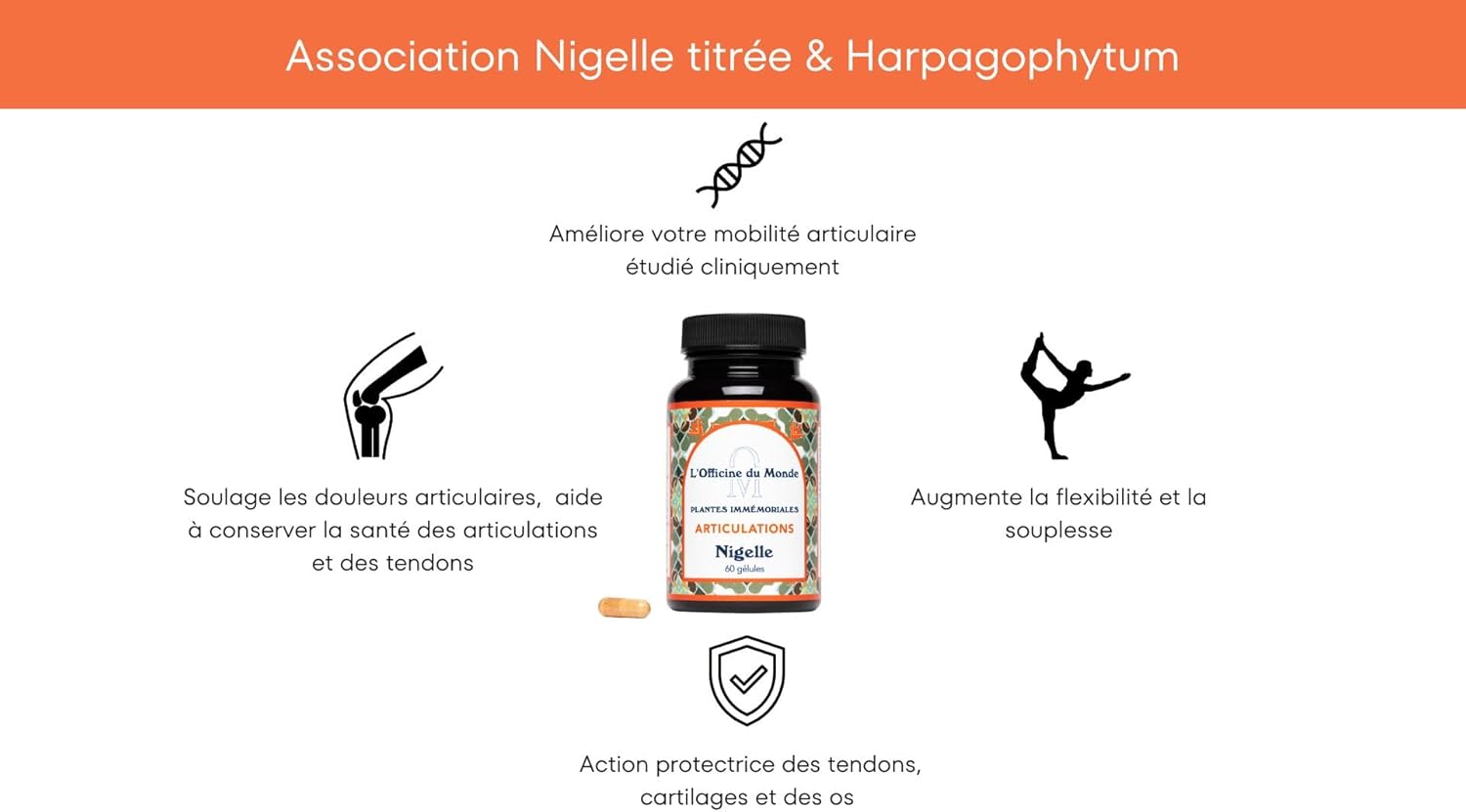 Articulations - Renforce la mobilité articulaire - Formulé par un Pharmacien - Gélules de Nigelle titrée à 20% de Thymoquinone, Harpagophytum, Manganèse et Cuivre - Cure de 2 mois - Vegan