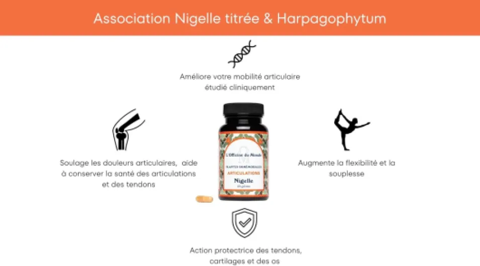 Articulations - Renforce la mobilité articulaire - Formulé par un Pharmacien - Gélules de Nigelle titrée à 20% de Thymoquinone, Harpagophytum, Manganèse et Cuivre - Cure de 2 mois - Vegan