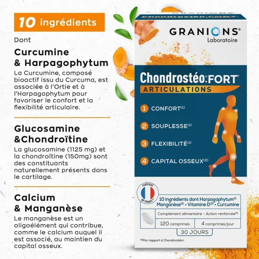 CHONDROSTEO+ FORT Articulations - Formule Renforcée - Curcuma - Mobilité & Souplesse Articulaire, Flexibilité, Capital Osseux - Glucosamine, Chondroïtine, MSM, Curcuma - 120 comprimés