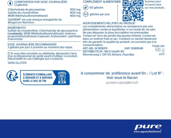 Glucosamine & Chondroïtine + MSM - Favorise la Santé du Tissu Conjonctif & des Articulations - Composants Essentiels du Cartilage - 60 Gélules Glucosamine Chondroïtine + MSM