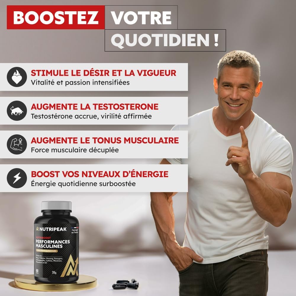 TESTOSTERONE HOMME Concentré pour Performance Masculine - Action COMPLÈTE - 100% Naturel - Tribulus terrestris - Ashwagandha - Fenugrec - Ginseng & Zinc caféiné - Fabriqué en France