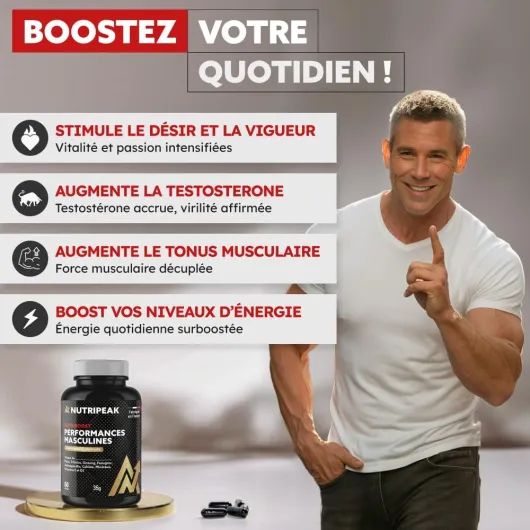 TESTOSTERONE HOMME Concentré pour Performance Masculine - Action COMPLÈTE - 100% Naturel - Tribulus terrestris - Ashwagandha - Fenugrec - Ginseng & Zinc caféiné - Fabriqué en France