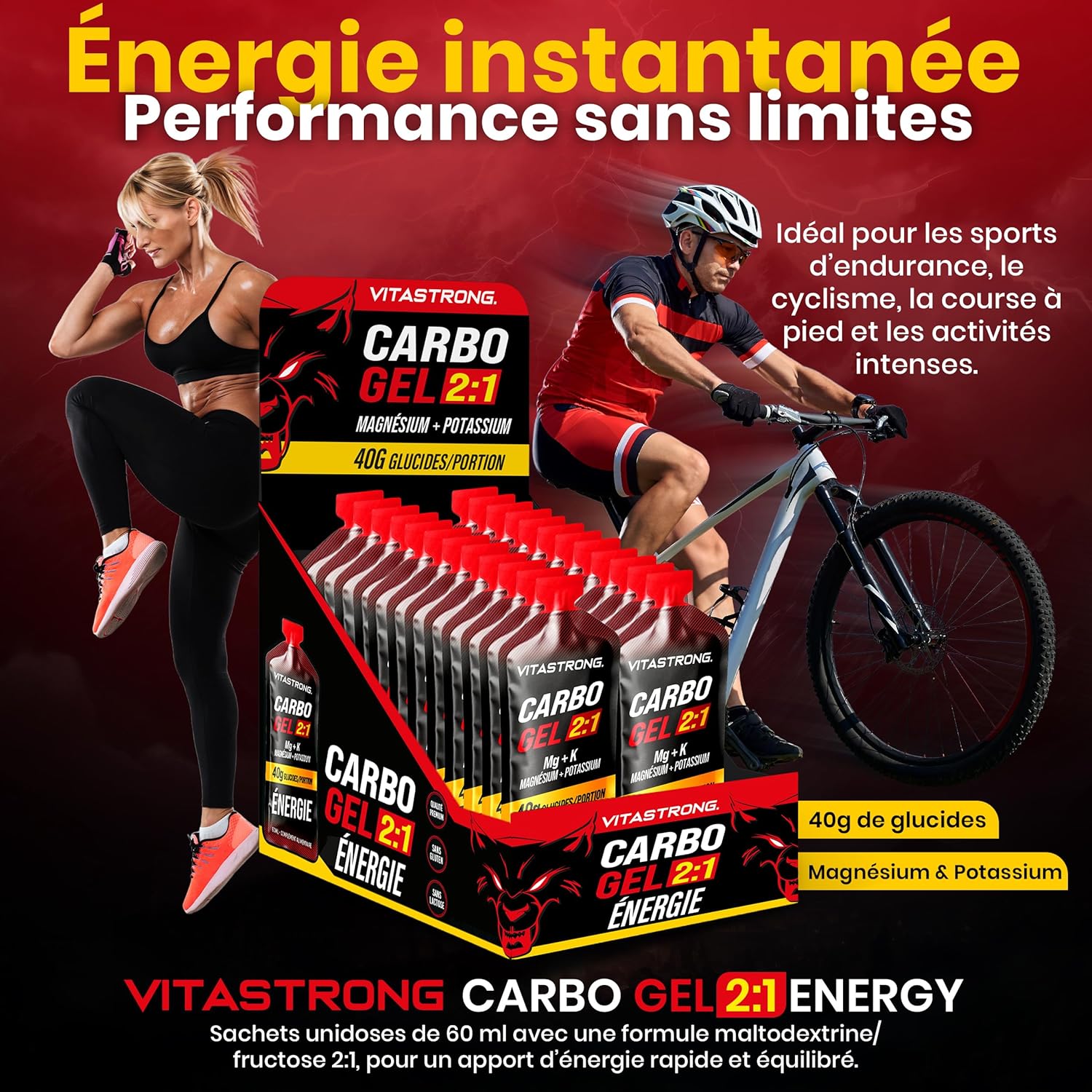 Carbo Gel 2:1 Energy, 24 Sachets Monodoses 60ml, Sport Énergétique, 40g Glucides, 56mg Magnésium, 300mg Potassium par Dose (Gel de glucides sans caféine)
