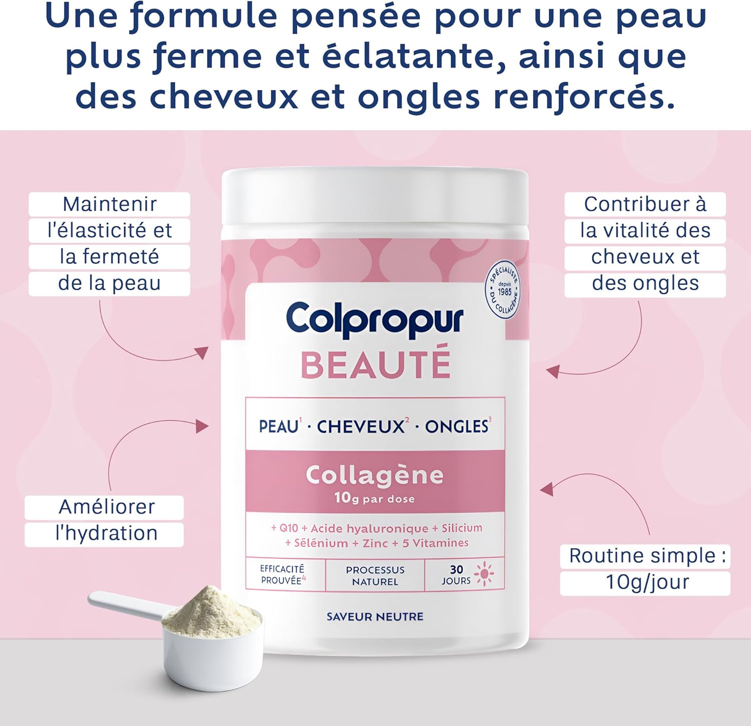 COLLAGENE Poudre Beauté Spécial Peau, Cheveux & Ongles - 30 jours - Saveur Neutre- Complément Alimentaire - Collagène Hydrolysé, Acide Hyaluronique, Vitamine C - Sans OGM ni Additif - COLPROPUR Beauté