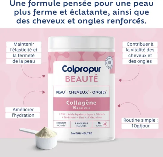 COLLAGENE Poudre Beauté Spécial Peau, Cheveux & Ongles - 30 jours - Saveur Neutre- Complément Alimentaire - Collagène Hydrolysé, Acide Hyaluronique, Vitamine C - Sans OGM ni Additif - COLPROPUR Beauté