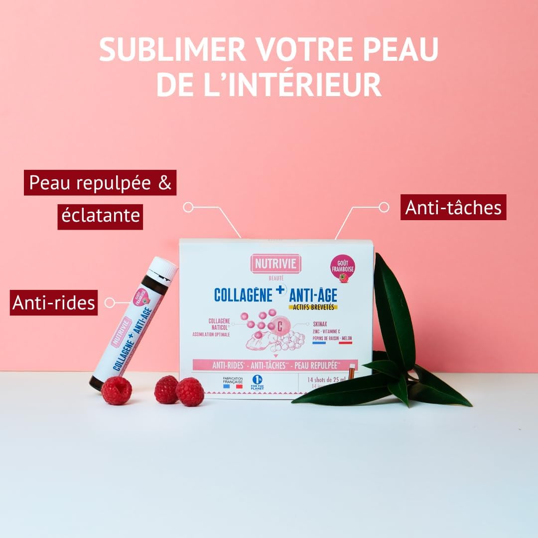 Collagène Marin Naticol + SkinAx - 2 Actifs Brevetés - Anti-Rides, Anti-Taches & Peau Repulpée - Complément Beauté Anti-Âge - 14 Shots 25 ml - Goût Framboise - Fabriqué en France - Nutrivie