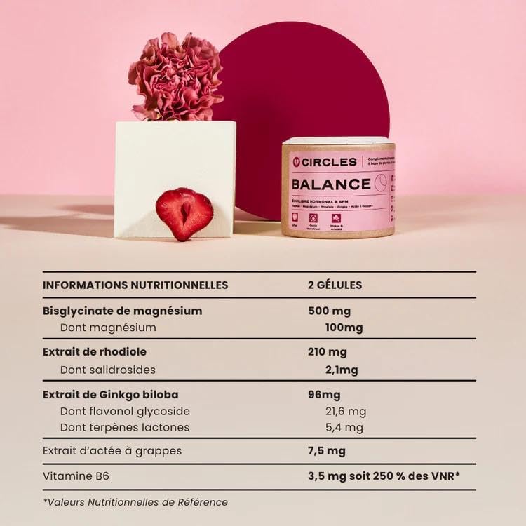 Balance Complément SPM Femme Gattilier – Circles BALANCE - Rhodiole & Magnésium – Dérèglement Hormone œstrogène - Équilibre Hormonal, Cycle Régulier, Symptômes SPM - 60 Gélules.