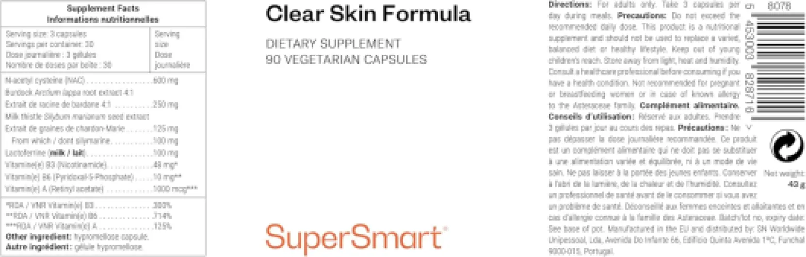Clear Skin Formula - Complément Alimentaire Anti-Acné & Imperfections de la Peau - Peau Nette & Saine - Bardane, Lactoferrine, NAC, Chardon-Marie, Vitamines A, B3, B6-90 Gélules Véganes - SuperSmart