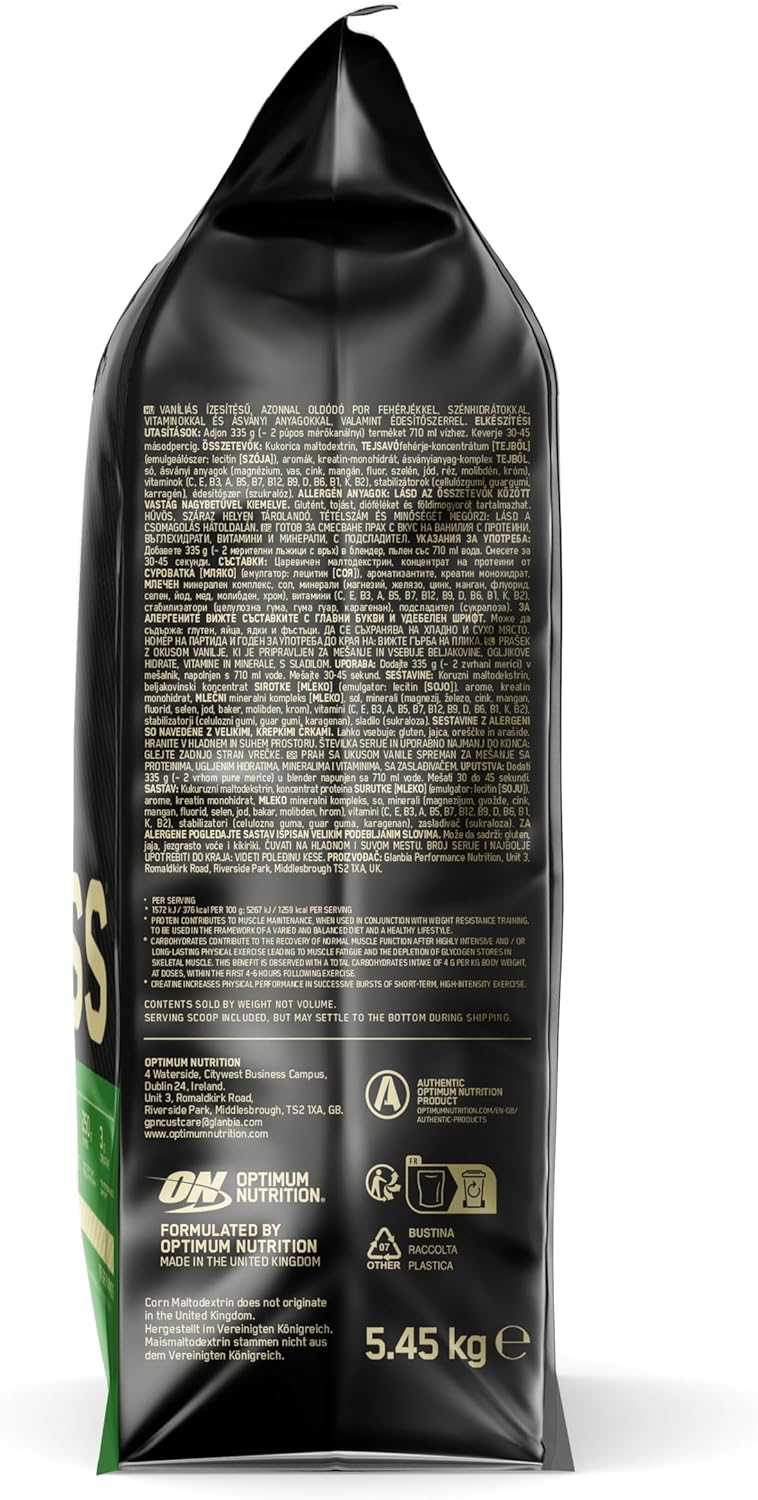 Serious Mass Poudre de Protéine Gain de Masse Hautement Calorique avec 25 Vitamines et Minéraux, Créatine Monohydrate et Glutamine, Saveur Vanille, 16 Portions, 5.45 kg