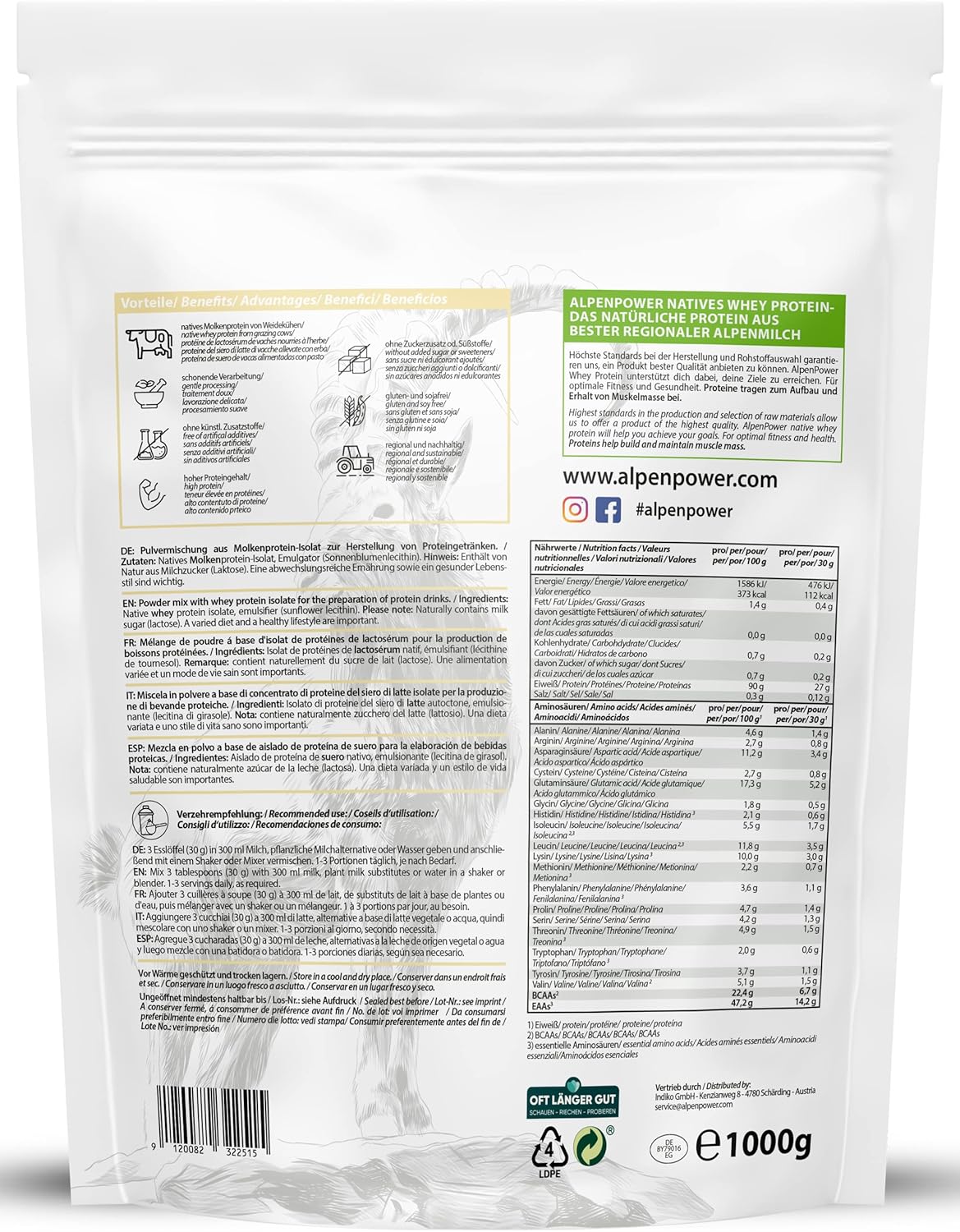 AlpenPower Whey Isolat Poudre protéinée naturelle 1 kg – Ingrédients 100 % naturels sans édulcorants – Nourriture à l'herbe – Poudre de protéines de qualité supérieure issue du meilleur lait alpin Neutre - 1 kg
