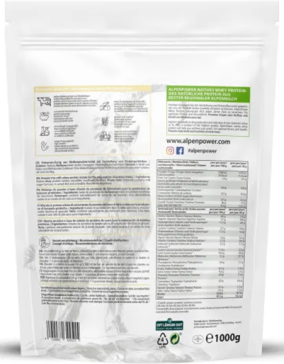 AlpenPower Whey Isolat Poudre protéinée naturelle 1 kg – Ingrédients 100 % naturels sans édulcorants – Nourriture à l'herbe – Poudre de protéines de qualité supérieure issue du meilleur lait alpin Neutre - 1 kg