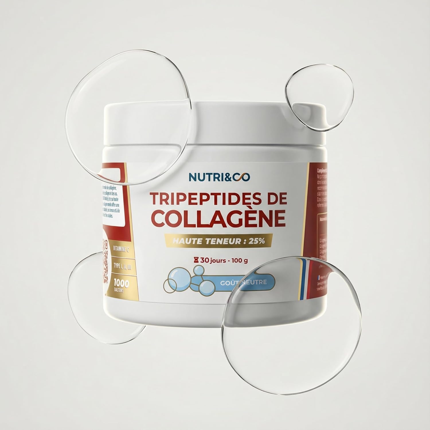 NUTRI & CO Tripeptides de Collagène + Vitamine C – Peptides Premium Biodisponibles 1000 DA – Morikol®, Solugel® Supra & Cartidyss® – 100g Goût Neutre 30jrs, Fabriqué en France