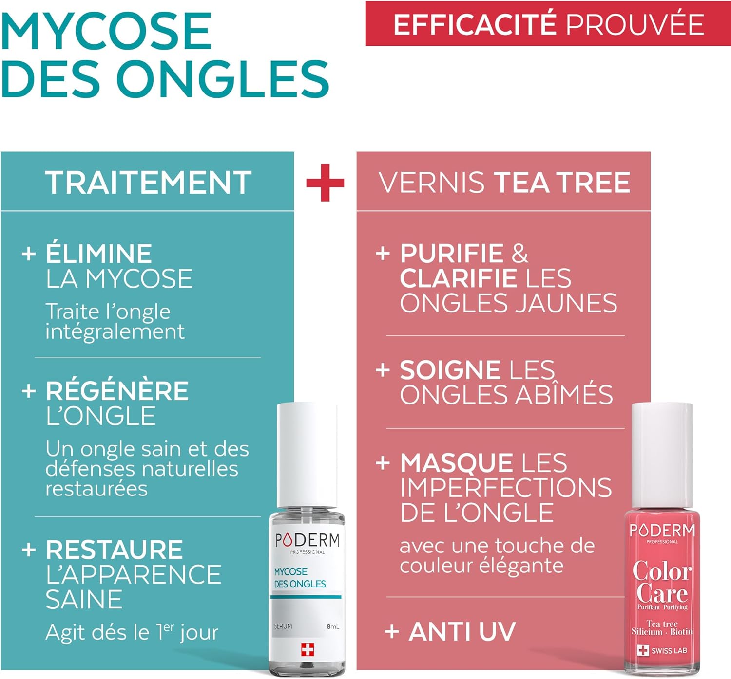 PODERM Sérum Mycose des Ongles + Vernis à Ongles Rose Corail – Antifongique, Répare & Camoufle les Ongles Jaunis, pour des Ongles Visiblement Plus Sains - Développé par une Podologue - Swiss Made Serum Mycose + Rose Corail
