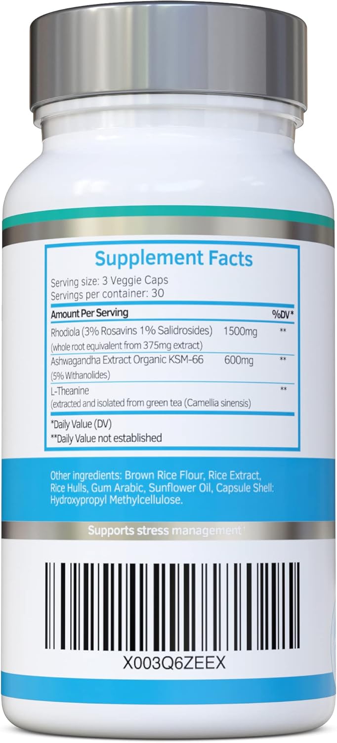 Rhodiola & Ashwagandha avec L-théanine - Ashwagandha primé KSM-66- Combo adaptogène - Fabriqué au Royaume-Uni - 600 mg et 1500 mg Rhodiola 3% Rosavins - 1% Salidrosides (Lot de 2) 45 unité (Lot de 4)