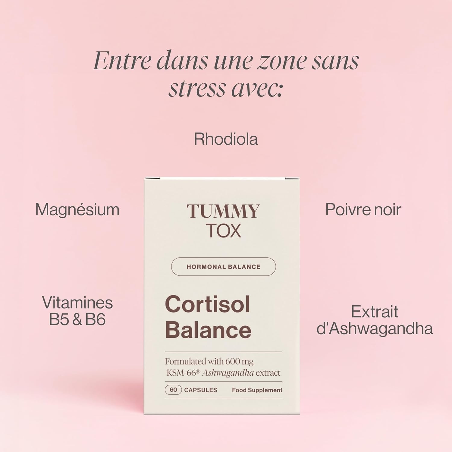 Cortisol Balance - 600 mg Ashwagandha KSM 66, Rhodiola Rosea avec Magnésium, Vitamine B6 et Vitamine B5-120 gélules par Tummy Tox