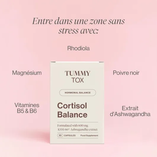 Cortisol Balance - 600 mg Ashwagandha KSM 66, Rhodiola Rosea avec Magnésium, Vitamine B6 et Vitamine B5-120 gélules par Tummy Tox
