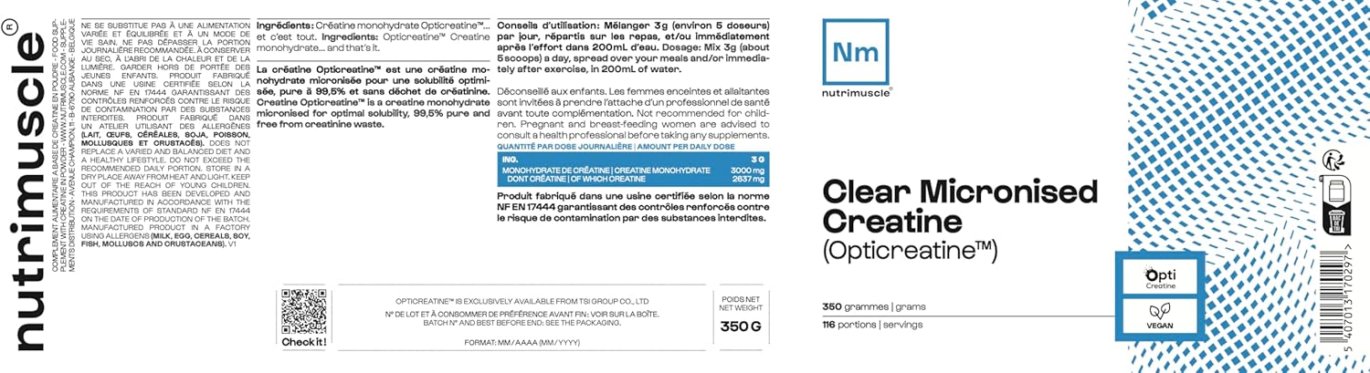 Créatine Monohydrate Micronisée Opticreatine - Nature - 350gr - Performance physique et Endurance musculaire - Qualité supérieure - Facile à dissoudre - Sport Bien-être