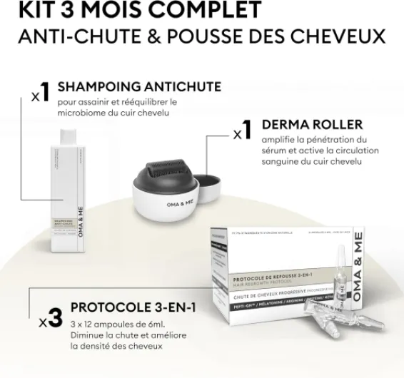 OMA & ME Kit Complet Anti-Chute de Cheveux - Sérum Protocole 3-en-1, Shampoing & Derma Roller - Contre la Chute des Cheveux et Stimule la Repousse - Routine Simple Cure de 3 mois Kit Complet 3 Mois