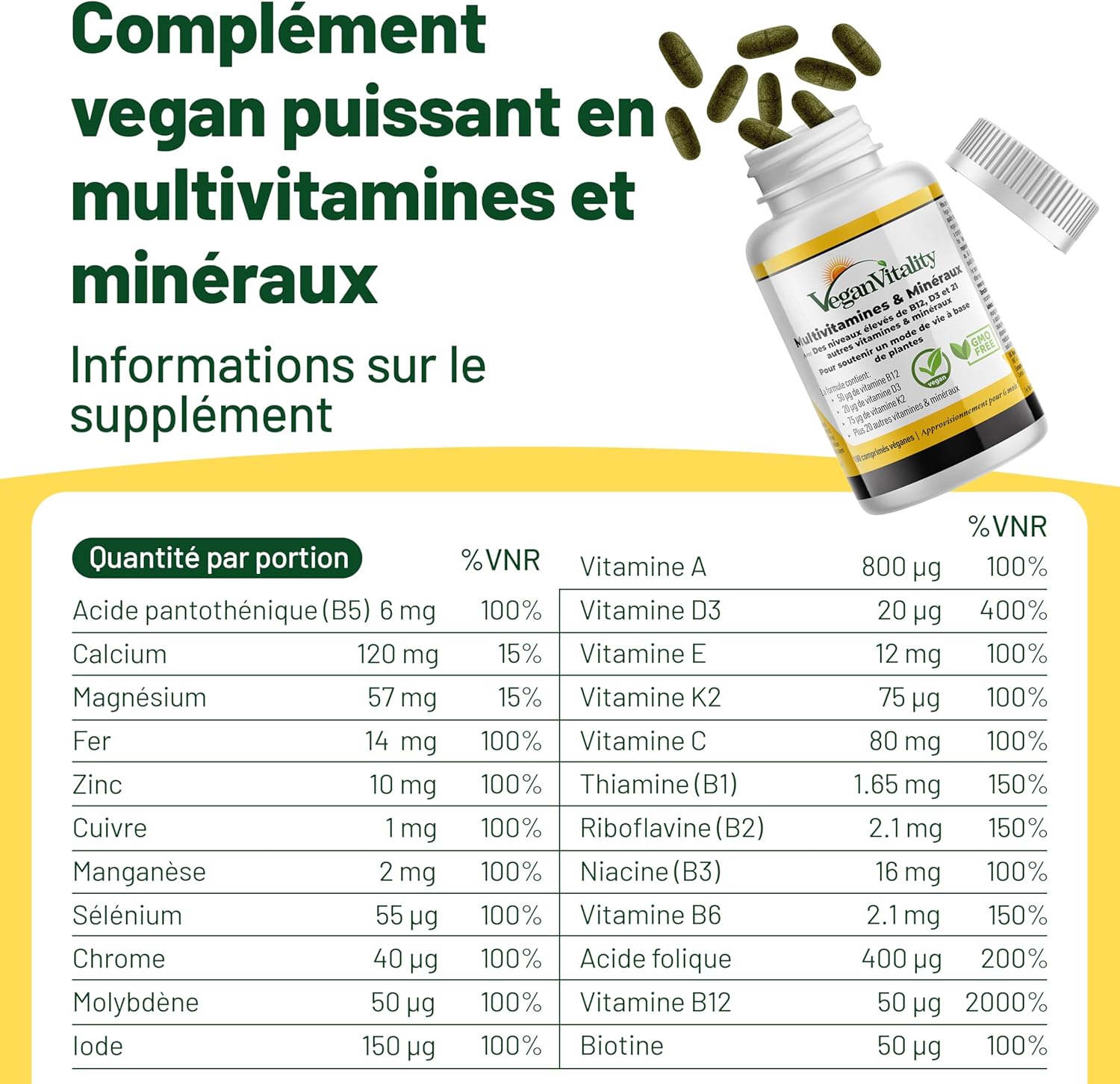Multivitamines et minéraux vegan – Source renforcée de vitamine C, vitamine k2, B12 et fer - 180 pilules vegan multivitamines - 6 mois de complément alimentaire vegan & végétarien