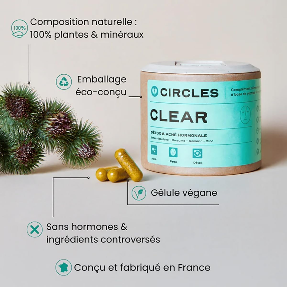 CLEAR Peau, Cheveux, Ongles – Complément de Zinc + Bardane, Ortie, Romarin & Curcuma - Détox Peau & Équilibre Hormonal - Système Immunitaire - 60 Gélules Végan – 1 Mois