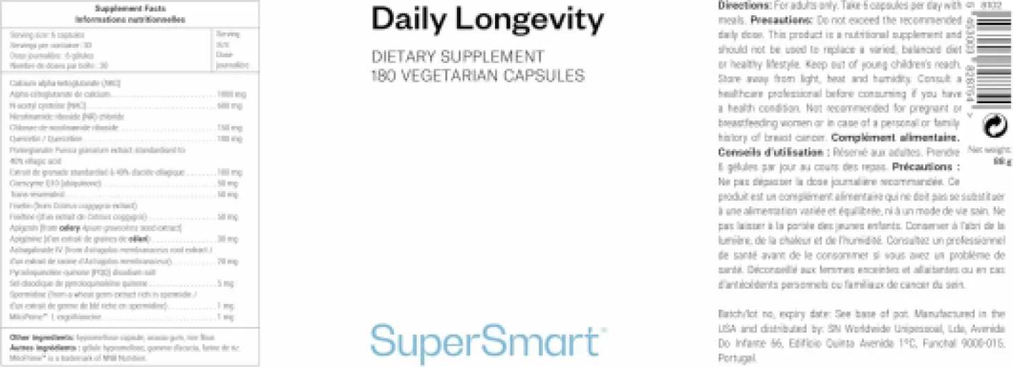 Daily Longevity - Complément Alimentaire Anti-Âge Tout-En-Un - Énergie et Longévité Cellulaire - PQQ, CoQ10, NAC, Quercétine, Fisétine, Trans-Resvératrol - 180 Gélules Véganes - SuperSmart