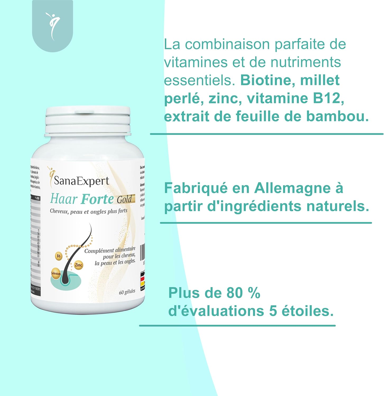 Haar Forte Gold - Complément Alimentaire Cheveux et Ongles - Pousse, Croissance & Fortifiant - Biotine, Zinc, Mélanine et Bambou - Vegan - 60 Gélules