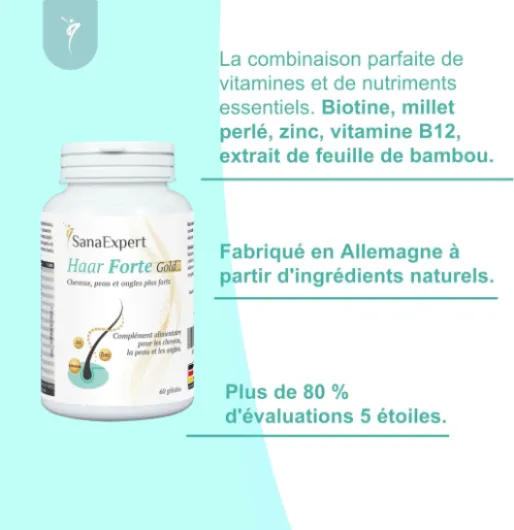 Haar Forte Gold - Complément Alimentaire Cheveux et Ongles - Pousse, Croissance & Fortifiant - Biotine, Zinc, Mélanine et Bambou - Vegan - 60 Gélules