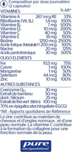 Cheveux Peau Ongles - Formule Nutricosmétique avec Biotine, Vitamine C, Coenzyme Q10, Cuivre, Sélénium & Zinc - 180 Gélules CheveuxPeauOngles 180