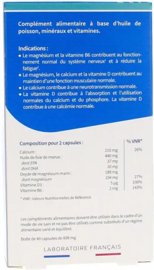 Codifra - Magalite, Complément Alimentaire Fatigue et Équilibre Nerveux - Magnésium Marin, Calcium, Oméga-3, Vitamines D3 et B6 - Fabrication Française - 40 Capsules