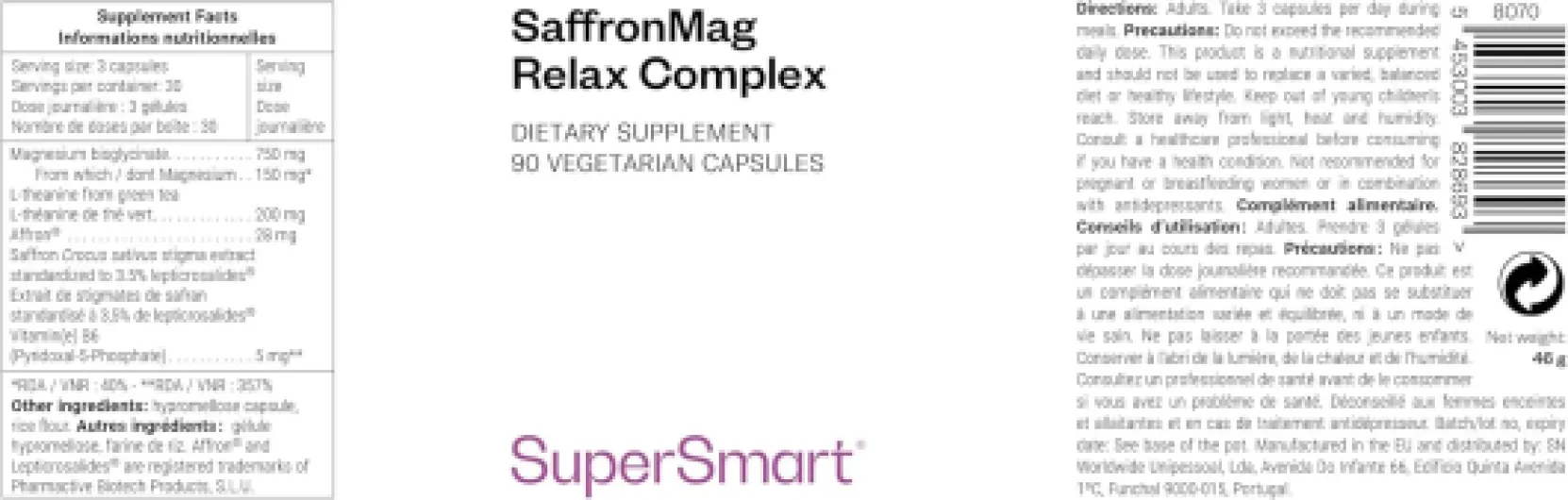 SaffronMag Relax Complex - Anti-Stress Adulte - Safran Affron® le Plus Étudié Cliniquement, Magnésium Bisglycinate, Vitamine B6, Théanine - Sérénité, Anti-Nervosité - 90 Gélules Véganes - SuperSmart