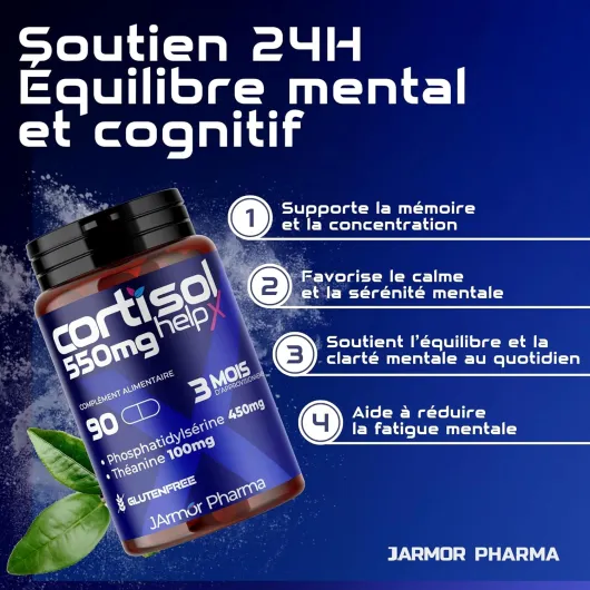 Cortisol HelpX Phosphatidylserine 450mg & L Theanine 100mg 90 Gélules (Cure de 3 Mois) Complément Alimentaire Nootropique Cortisol Manager Favoriser Memoire et Concentration Sans Gluten Italienne