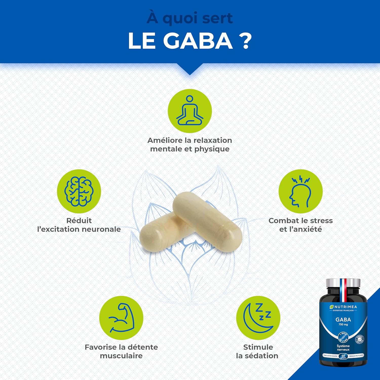 GABA 750 mg/j Sans Excipient - Anti Stress & Anxiété, Calme et Sérénité, Sommeil Réparateur - 60 gélules vegan - Fabrication Française - Nutrimea