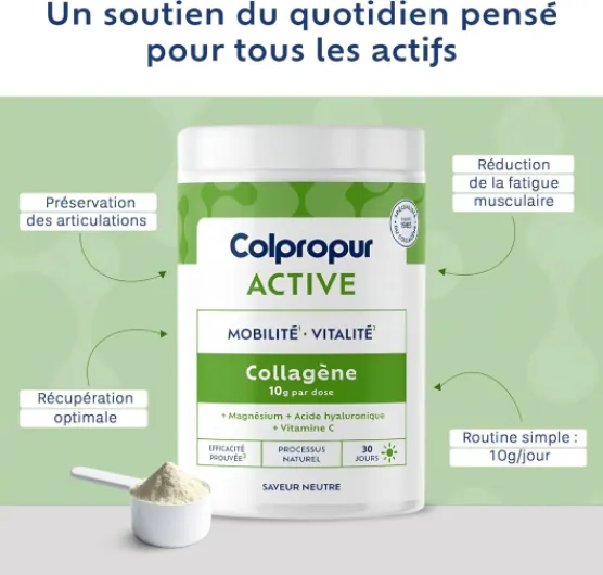 COLLAGENE Poudre Spécial Energie - 30 jours - Saveur Neutre - Complément Sport - Collagène Hydrolysé + Acide Hyaluronique + Magnésium - Articulations & Muscles - Sans OGM - COLPROPUR Active