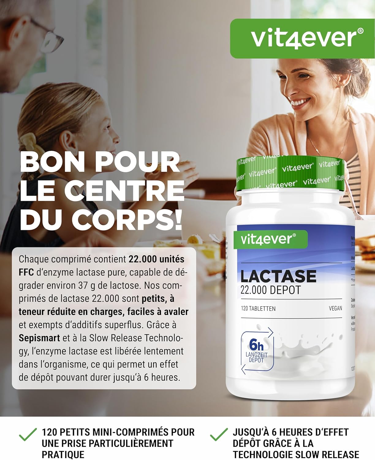 Lactase 22.000 Depot - 120 Comprimés à Libération Prolongée (Sepismart® Slow Release)-Hautement Dosé avec 22.000 Unités FCC-En Cas d'Intolérance au Lactose+Intolérance au Lait-Sans Additifs Inutiles