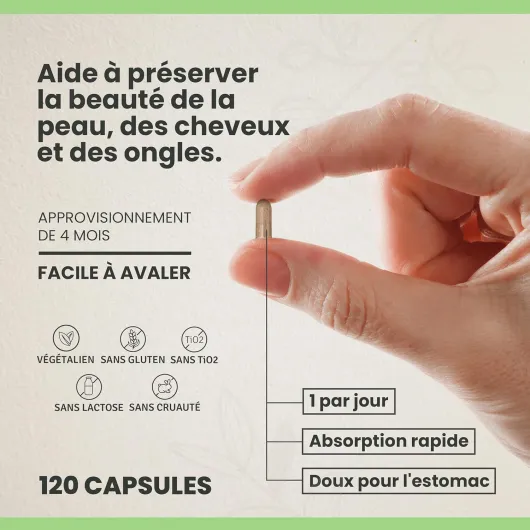 CYB - Peau + Cheveux + Ongles - Biotine Cheveux - B12 Vitamine C - Acide Folique - Zinc - Multivitamines - 4 Mois de 120 Gélules - Végétalien - Sans Sucre ni Gluten - Complement Alimentaire de Cheveux