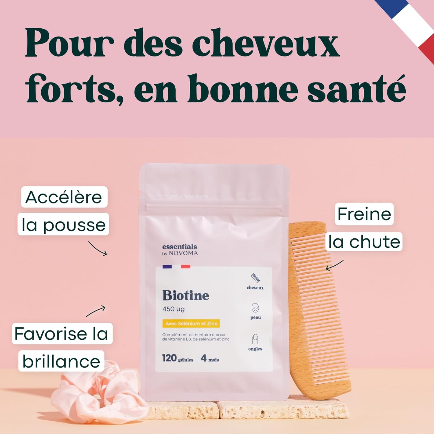 Biotine avec Sélénium et Zinc, Accélère la Pousse des Cheveux, Cure de 4 mois, 120 Gélules Végétales, Complément Alimentaire de Vitamine B8, Fabriqué en France, Essentials by Novoma Essentials By Novoma - 120 Gélules