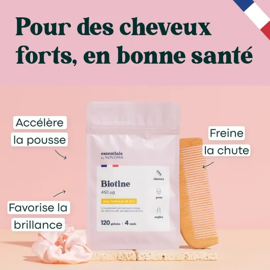 Biotine avec Sélénium et Zinc, Accélère la Pousse des Cheveux, Cure de 4 mois, 120 Gélules Végétales, Complément Alimentaire de Vitamine B8, Fabriqué en France, Essentials by Novoma Essentials By Novoma - 120 Gélules