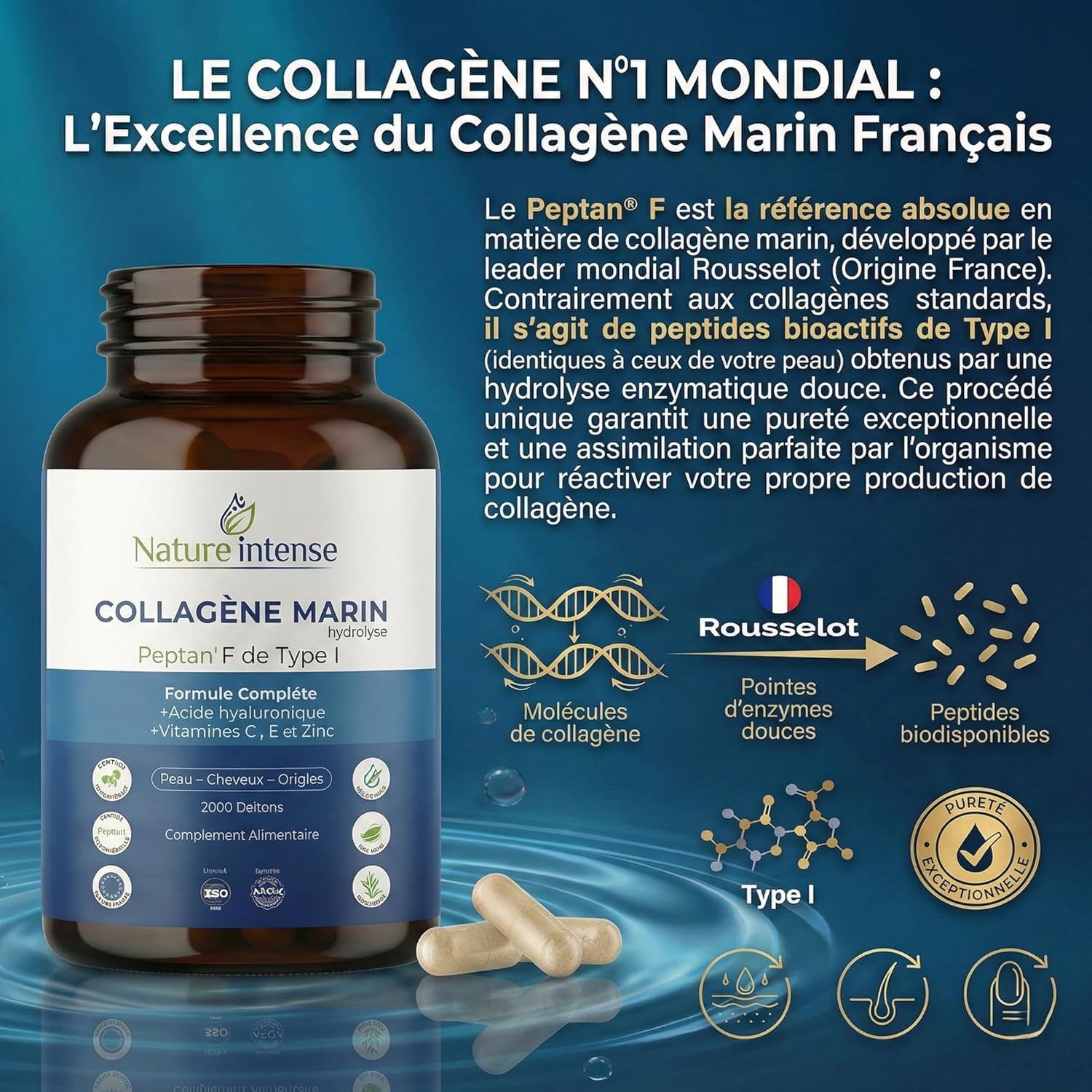 Collagene Marin - Hydrolysé - Peptan® F & Type I 2000DA - Acide Hyaluronique + Vitamine C & Zinc - Complément Alimentaire de Collagene pour Cheveux, Peau & Ongles - 120 Gélules - Cure 2 mois