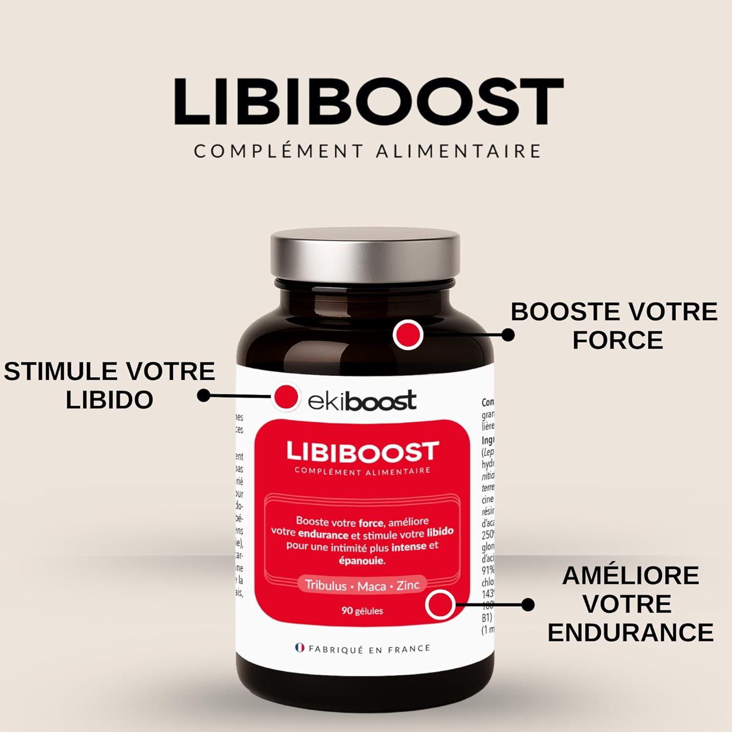 Performance Masculine - Testostérone Homme - Vigueur & Endurance - Booster Libido - Maca, Tribulus, Ashwagandha & Magnésium - LIBIBOOST - 90 Gélules - Complément Alimentaire Homme - Fabriqué en France