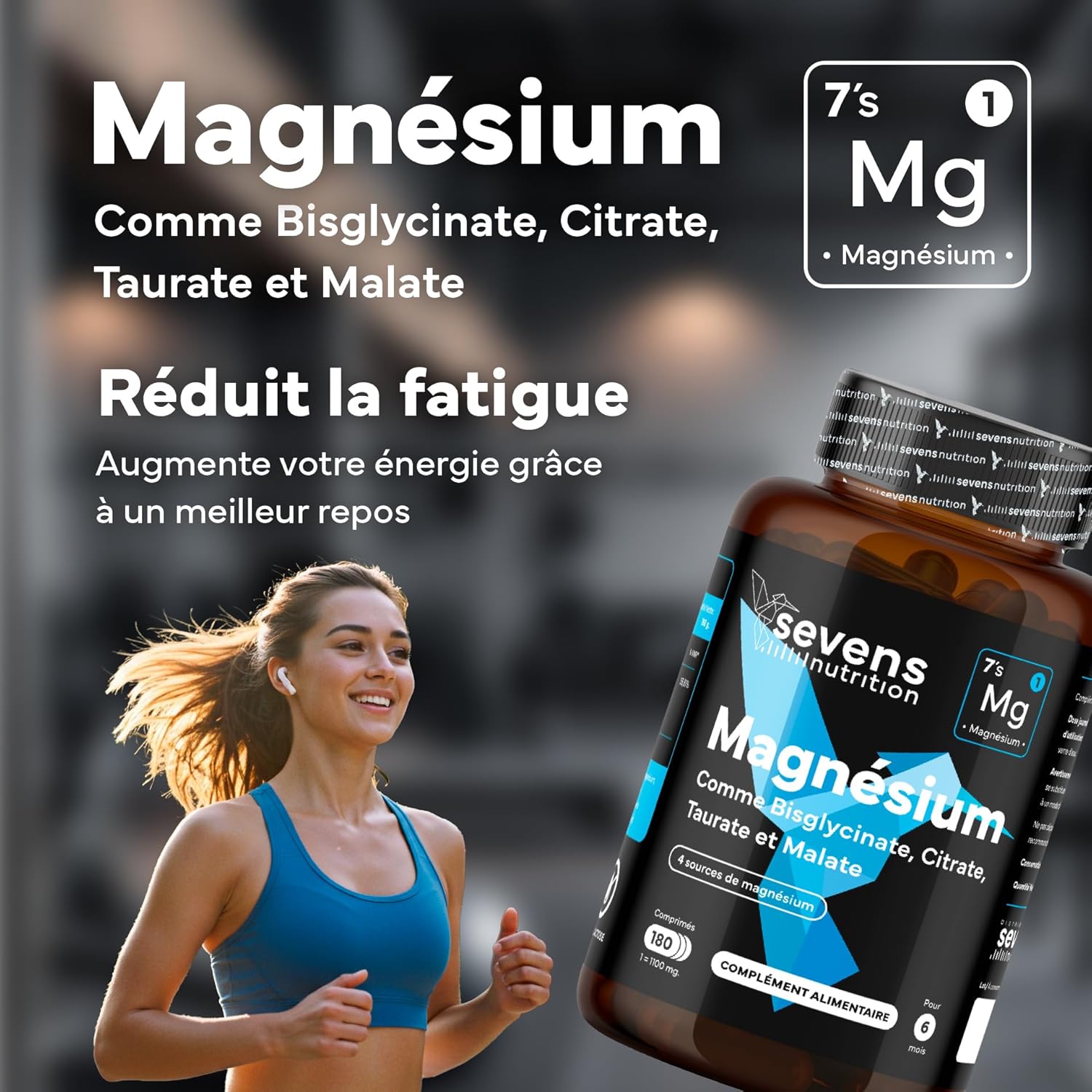 Magnésium Bisglycinate + Citrate, Malate et Taurate – Complexe de Magnésium 4 en 1 (418 mg) – 180 Comprimés (6 Mois) – Haute Biodisponibilité – Fatigue, Stress, Énergie – Sevens