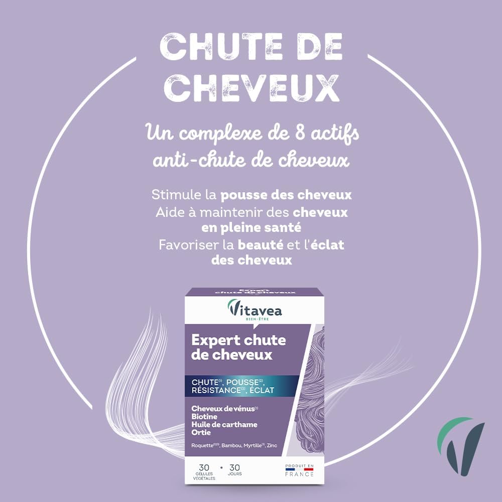 Vitavea Bien-être - Complément Alimentaire Cheveux - Anti Chute - Triple action : Pousse, Résistance, Éclat - Biotine, Zinc, Myrtille - Femmes et Hommes - 30 gélules - 1 mois - Fabriqué en France Complexe 4 actions