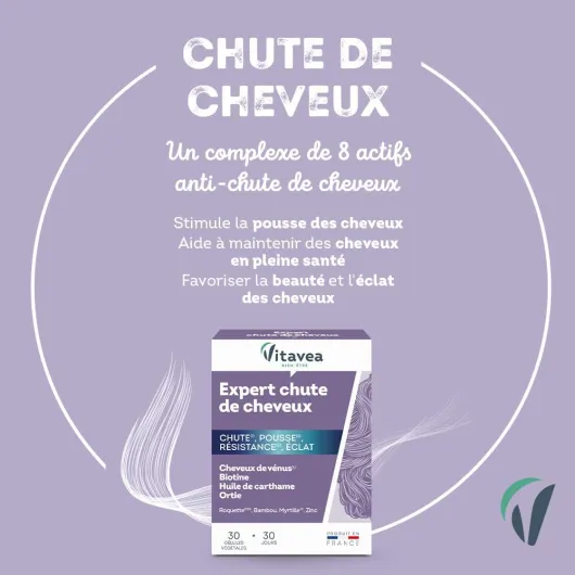 Vitavea Bien-être - Complément Alimentaire Cheveux - Anti Chute - Triple action : Pousse, Résistance, Éclat - Biotine, Zinc, Myrtille - Femmes et Hommes - 30 gélules - 1 mois - Fabriqué en France Complexe 4 actions